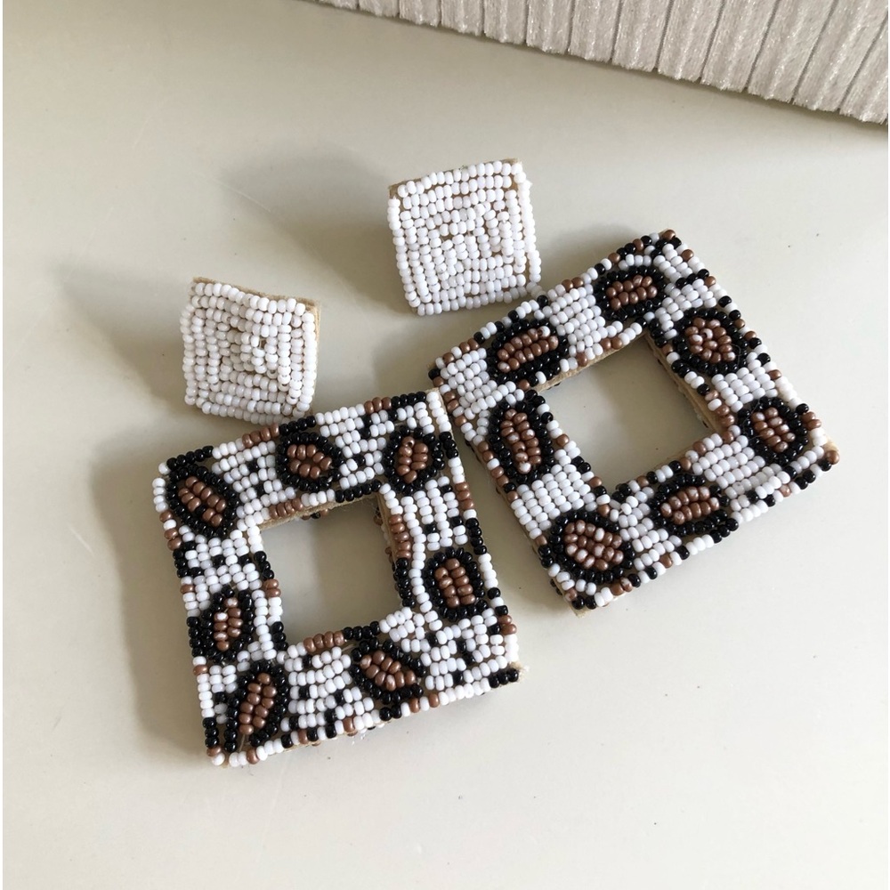 NEW Beaded Geometric Drop Earrings Ivory Brown Black